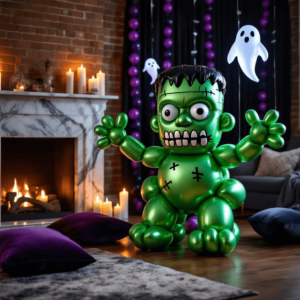 Halloween Balloons: Your Complete Guide to Spooky, Show-Stopping Party Decorations Cinematic close-up of a modern apartment living room featuring a DIY Frankenstein balloon sculpture beside a marble fireplace, oversized green foil balloons forming the monster's head and torso, silver mylar balloon arms, detailed with black marker, surrounded by eerie LED ghost balloons, black and purple balloon garland, jewel-toned velvet cushions, and flickering glass hurricane candles in a moody Halloween setting.