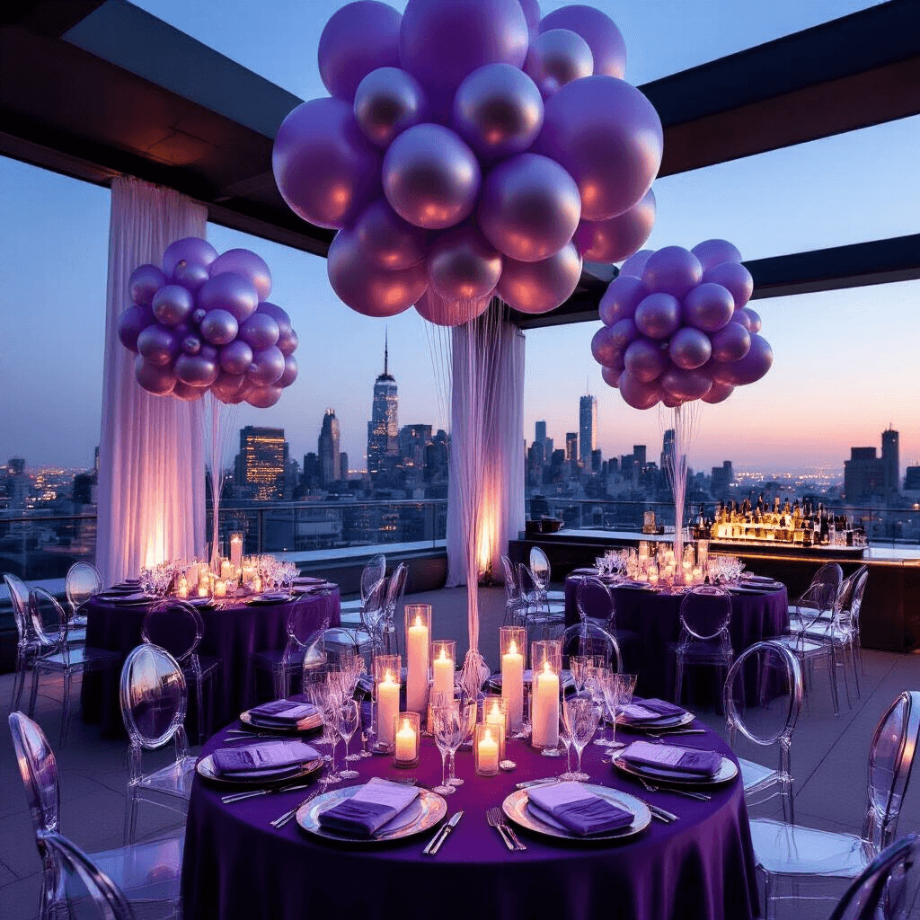 Where to Get Birthday Balloons: Your Complete Guide to Finding Perfect Party Decorations Cinematic view of a luxurious rooftop terrace celebration at night, featuring sophisticated lavender and silver balloon installations against a city skyline, with elegantly set round glass tables in deep purple and silver, surrounded by ghost chairs, and illuminated by pillar candles and uplighting. A modern bar cart with balloon garlands and crystal glassware adds contemporary flair, framed by sheer drapery panels and balloon clusters anchored by metallic weights.