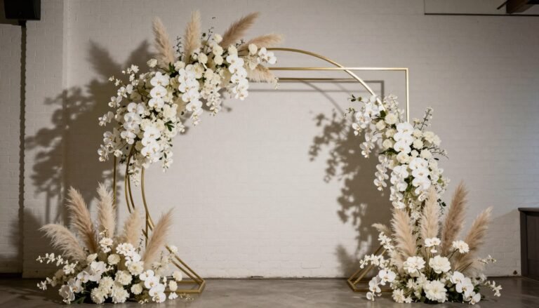 Statement Wedding Backdrop Ideas for Modern Venues (Bold & Elegant Designs for 2026) A dramatic statement wedding backdrop featuring an asymmetrical metal arch with cascading white orchids and pampas grass against a modern white brick wall