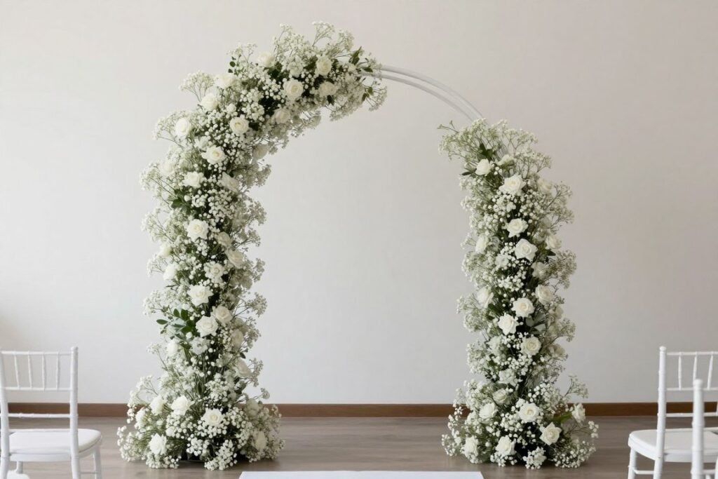 Asymmetrical baby's breath wedding ceremony arch Asymmetrical baby's breath wedding ceremony arch