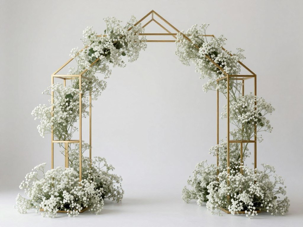 Baby's breath arranged in a gold geometric frame structure Baby's breath arranged in a gold geometric frame structure