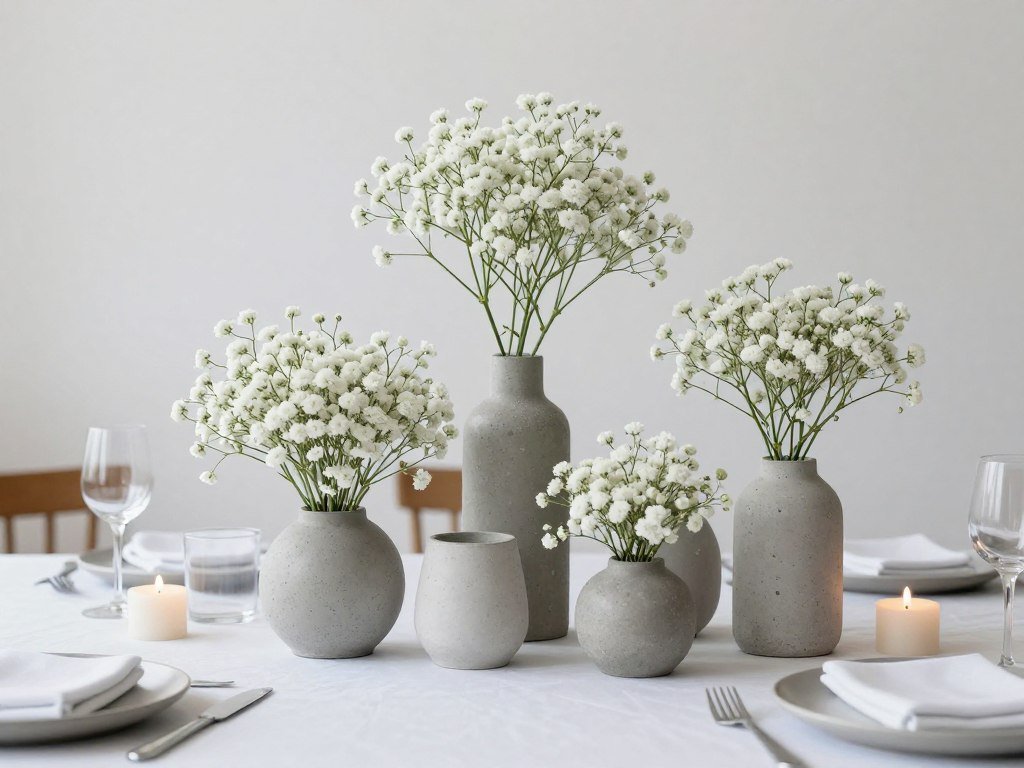 Baby's breath in modern concrete vessels as table centerpieces Baby's breath in modern concrete vessels as table centerpieces