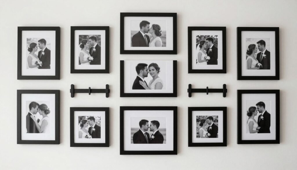 Black and white photo gallery wall at wedding reception Black and white photo gallery wall at wedding reception