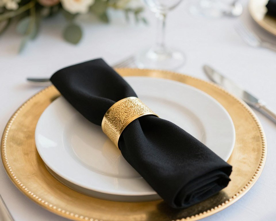 Black cloth napkin with gold napkin ring on white plate Black cloth napkin with gold napkin ring on white plate