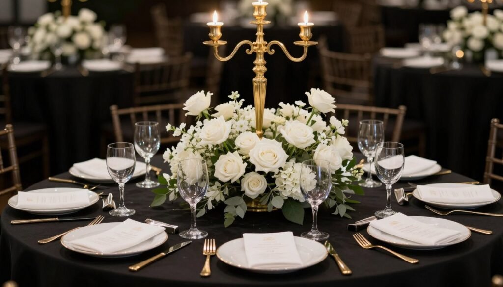 Black tablecloth with white floral centerpiece creating dramatic contrast Black tablecloth with white floral centerpiece creating dramatic contrast