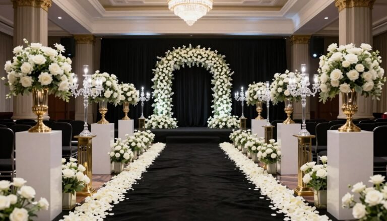Black Tie Wedding Décor Ideas (Elegant & Formal Luxury Inspiration for 2026) Black tie wedding ceremony setup with formal symmetrical styling
