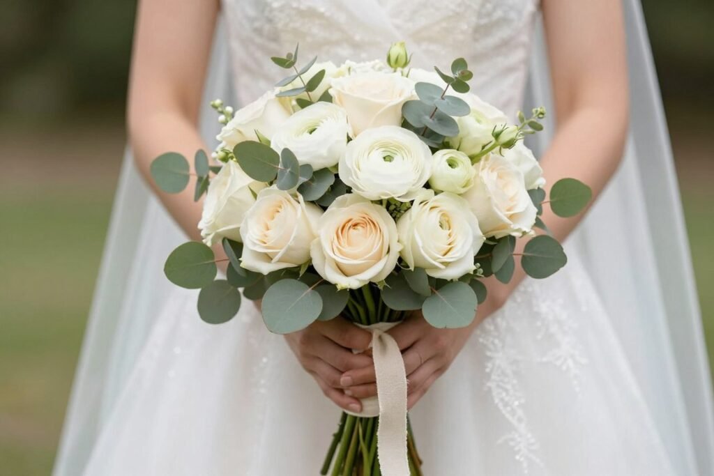 Bride holding cream rose bouquet Bride holding cream rose bouquet
