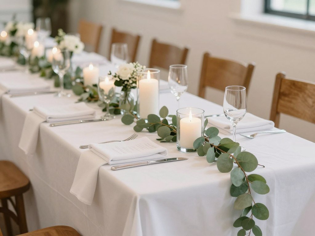 Budget-friendly wedding reception table with greenery and candles Budget-friendly wedding reception table with greenery and candles