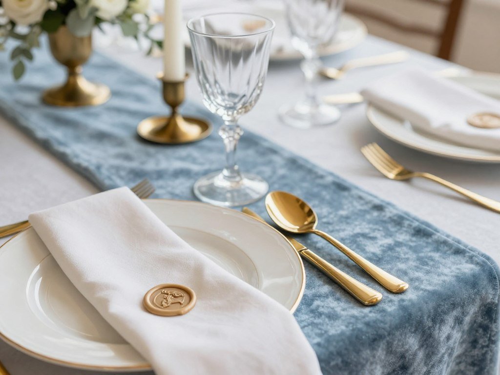 Close-up of luxury wedding table setting with velvet linen, gold flatware, and crystal glassware Close-up of luxury wedding table setting with velvet linen, gold flatware, and crystal glassware
