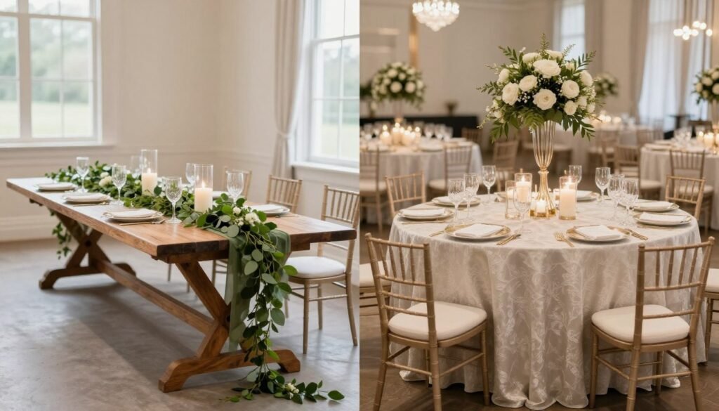 Comparison of long farm tables and round tables at wedding receptions Comparison of long farm tables and round tables at wedding receptions