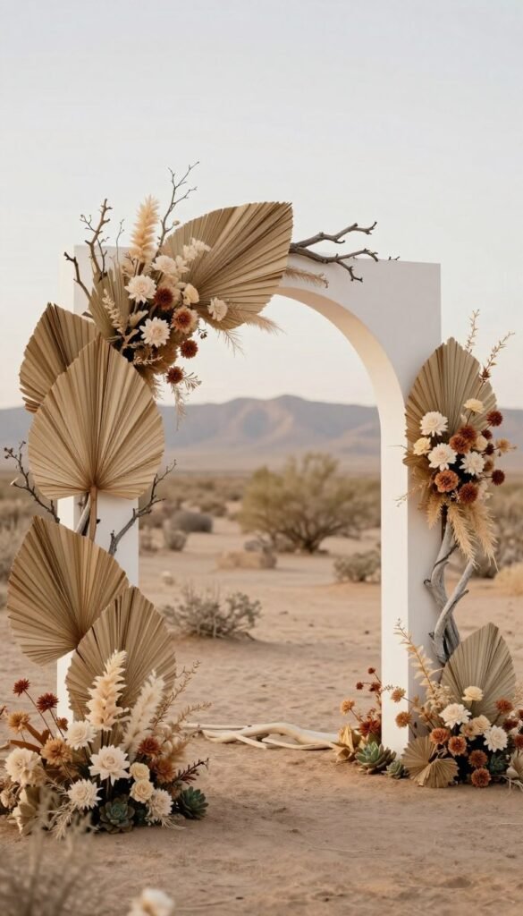 Desert minimalist wedding arch with dried palms and neutral blooms for modern luxury ceremonies Desert minimalist wedding arch with dried palms and neutral blooms for modern luxury ceremonies