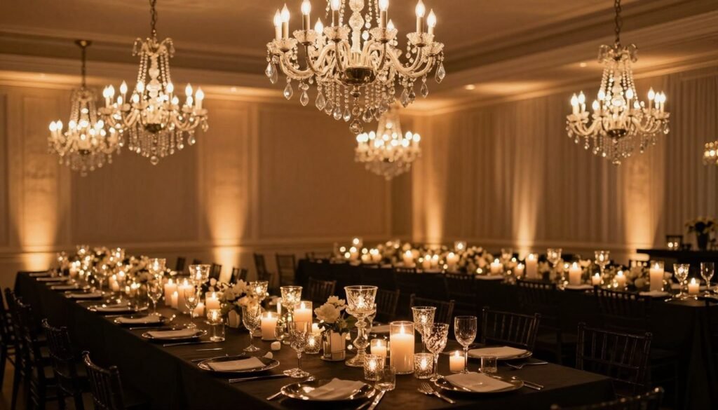 Dramatic wedding reception lighting with chandeliers and candles creating elegant ambiance Dramatic wedding reception lighting with chandeliers and candles creating elegant ambiance