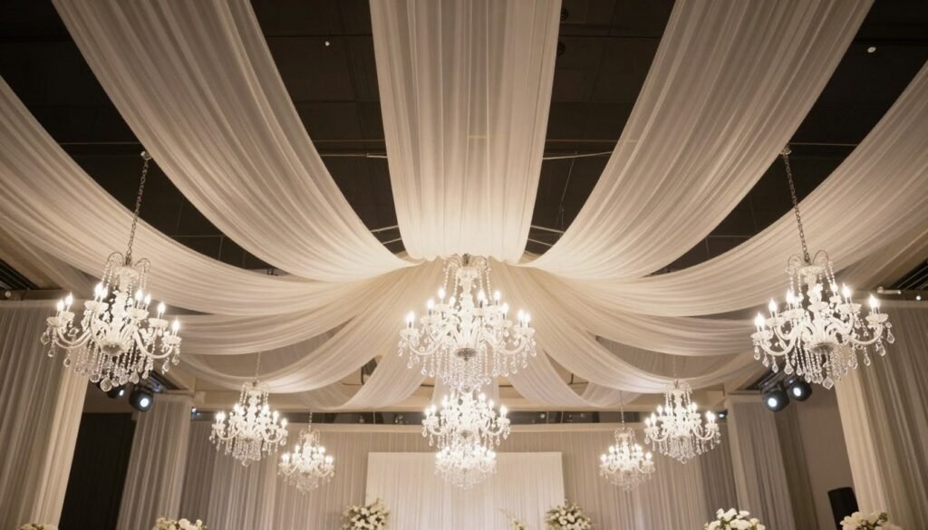 Elegant ceiling draping with crystal chandeliers at black tie wedding Elegant ceiling draping with crystal chandeliers at black tie wedding