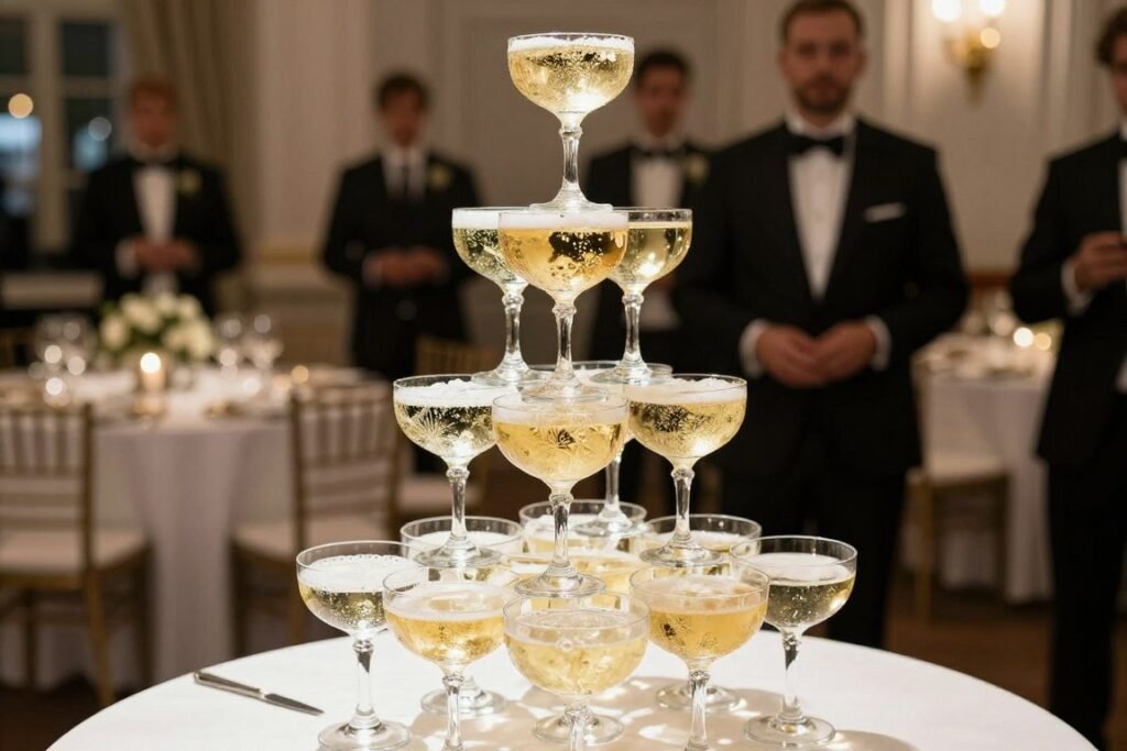 Elegant champagne tower with coupe glasses at black tie wedding Elegant champagne tower with coupe glasses at black tie wedding