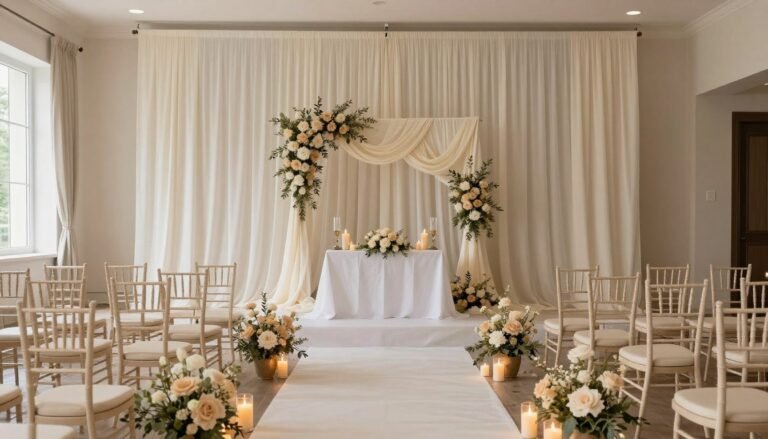 Neutral Wedding Décor Ideas for a Timeless Look (Elegant & Classic Styles for 2026) Elegant neutral wedding ceremony with ivory draping and soft candlelight