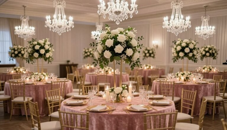 Wedding Reception Décor Ideas That Look Expensive (Luxury Looks for 2026) Elegant wedding reception with luxury décor including crystal chandeliers, velvet linens, and candlelit tables