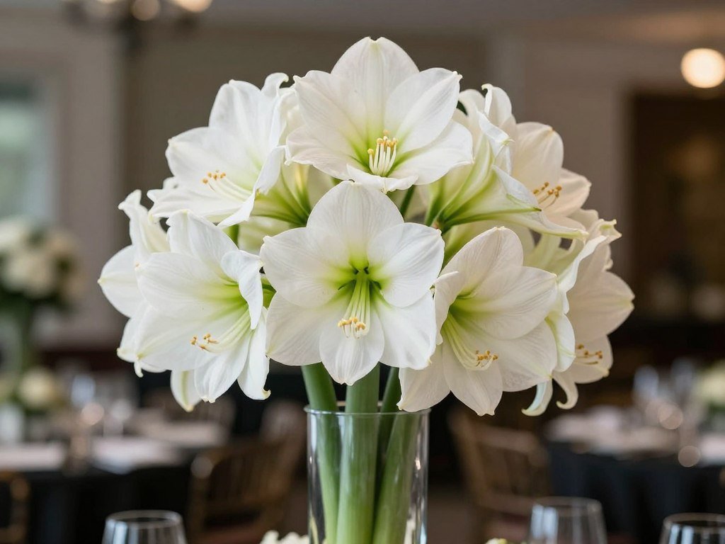 Elegant white amaryllis wedding centerpiece Elegant white amaryllis wedding centerpiece