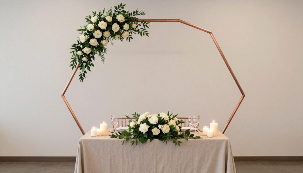 Geometric copper pipe arch with flowers at wedding reception sweetheart table Geometric copper pipe arch with flowers at wedding reception sweetheart table