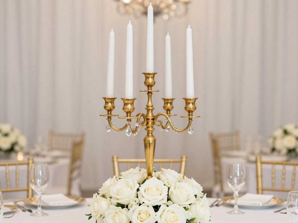Gold candelabra centerpiece with white candles Gold candelabra centerpiece with white candles