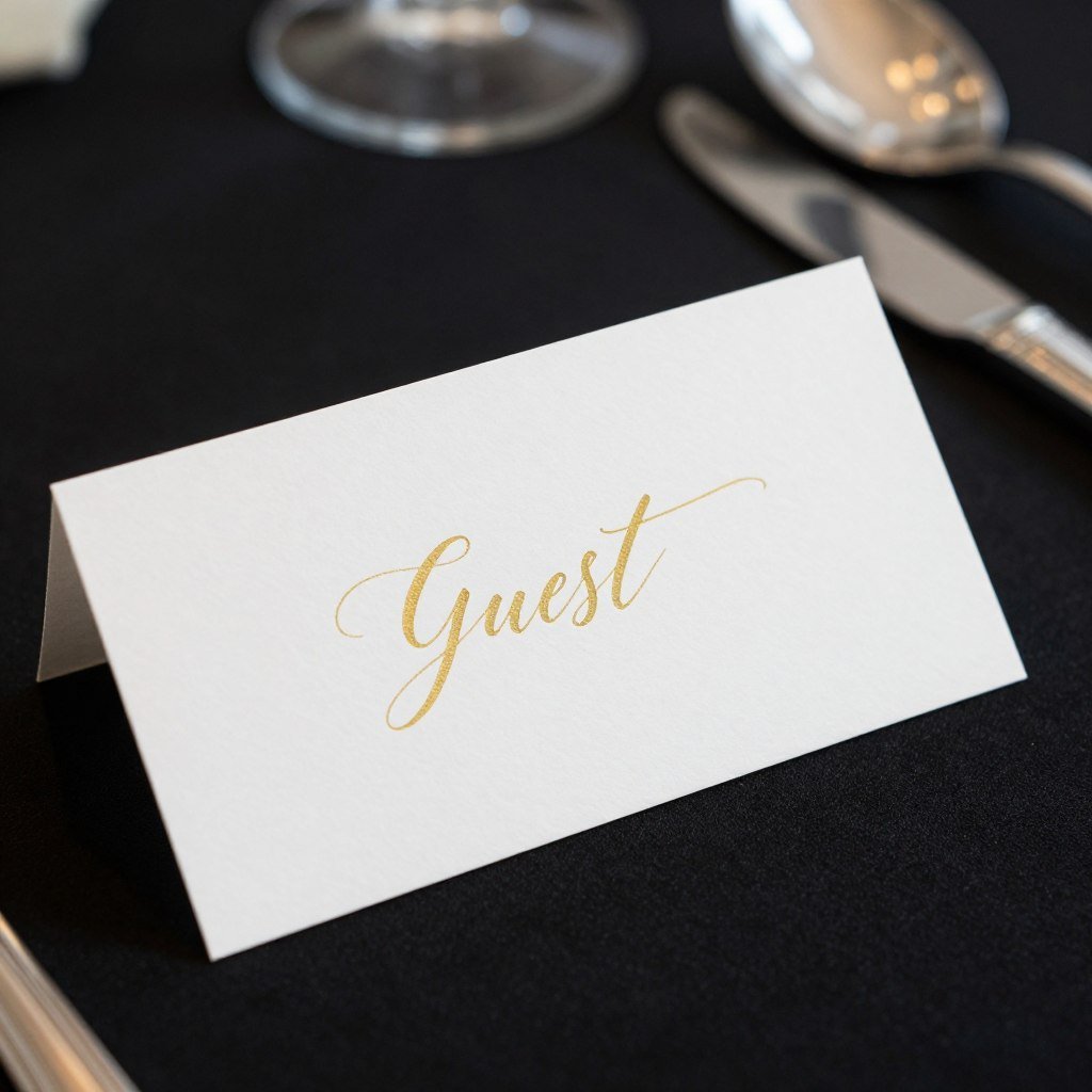 Gold foil place card with calligraphy on white cardstock Gold foil place card with calligraphy on white cardstock