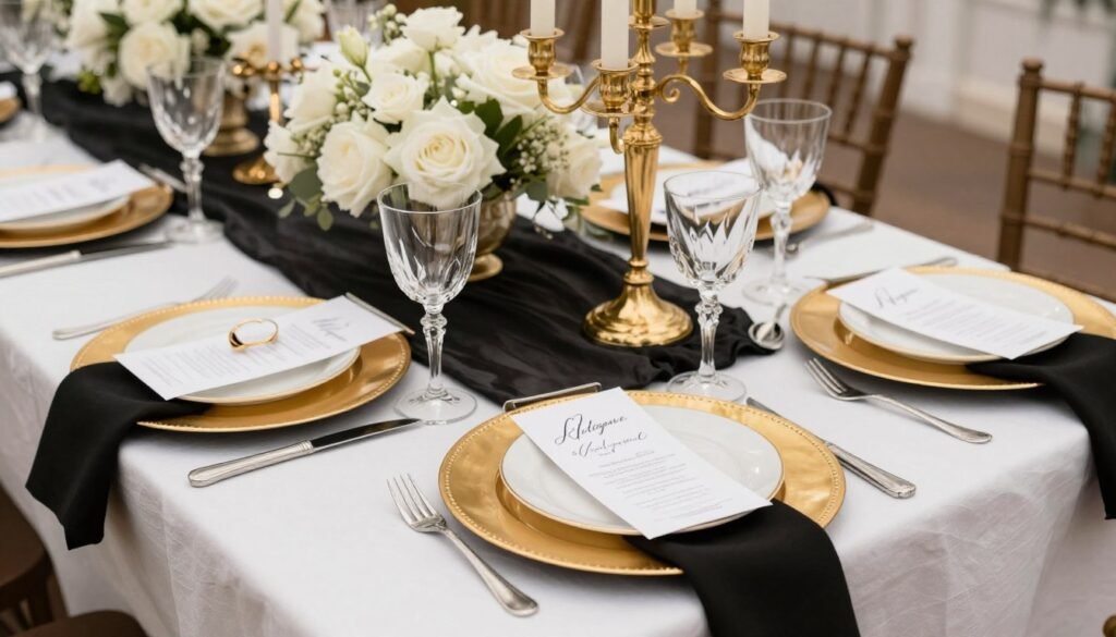 Layered black tie wedding tablescape with multiple elements Layered black tie wedding tablescape with multiple elements