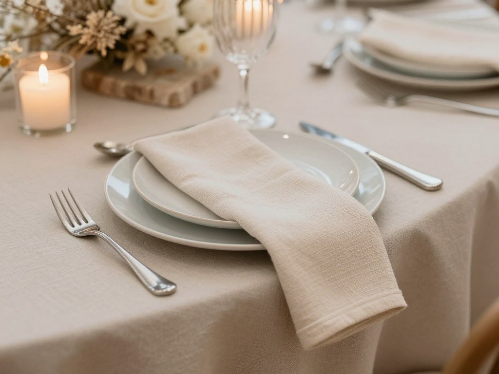 Layered neutral wedding tablescape showing texture variation Layered neutral wedding tablescape showing texture variation