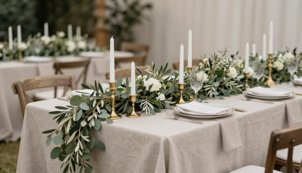 Long wedding reception table with cascading greenery garland and candles Long wedding reception table with cascading greenery garland and candles