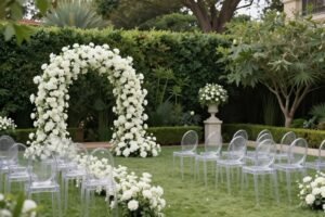 Garden Wedding Décor Ideas with a Luxury Twist (Elegant Outdoor Designs for 2026) Luxury garden wedding ceremony with white floral arch and elegant seating