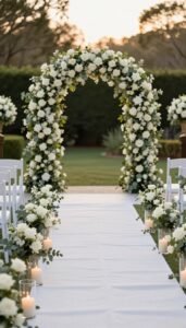 High-End Wedding Aisle Décor Ideas (Luxury Ceremony Designs for 2026) Luxury wedding aisle with white roses and greenery leading to elegant ceremony arch