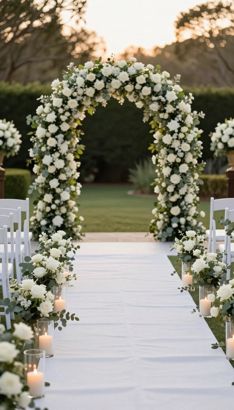 High-End Wedding Aisle Décor Ideas (Luxury Ceremony Designs for 2026) Luxury wedding aisle with white roses and greenery leading to elegant ceremony arch