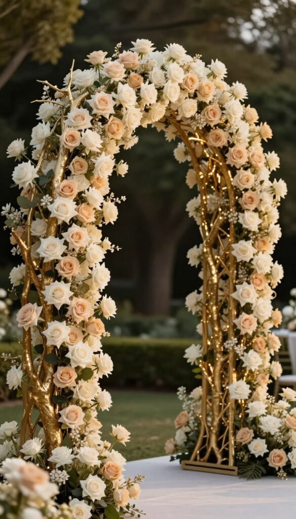 Luxury wedding arch with metallic gold branches and romantic florals for elegant ceremonies Luxury wedding arch with metallic gold branches and romantic florals for elegant ceremonies