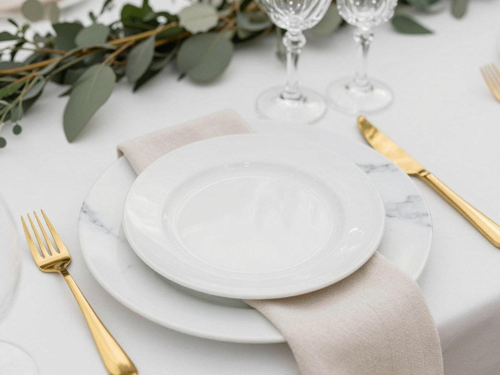 Minimalist wedding place setting with marble charger and white china Minimalist wedding place setting with marble charger and white china