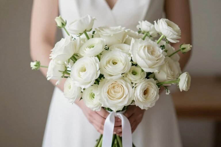 Minimalist Wedding Flower Ideas for Stylish Couples (Clean & Elegant Looks for 2026) Minimalist white wedding bouquet with varied textures