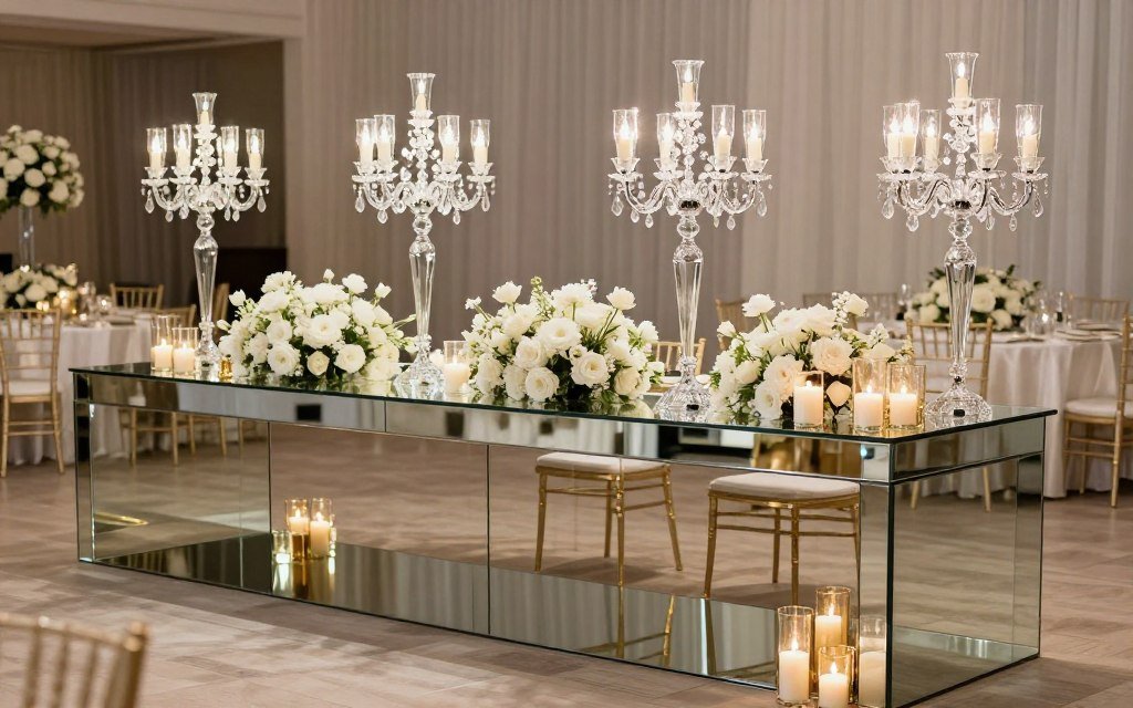 Mirrored wedding reception table with crystal and candlelight reflections Mirrored wedding reception table with crystal and candlelight reflections