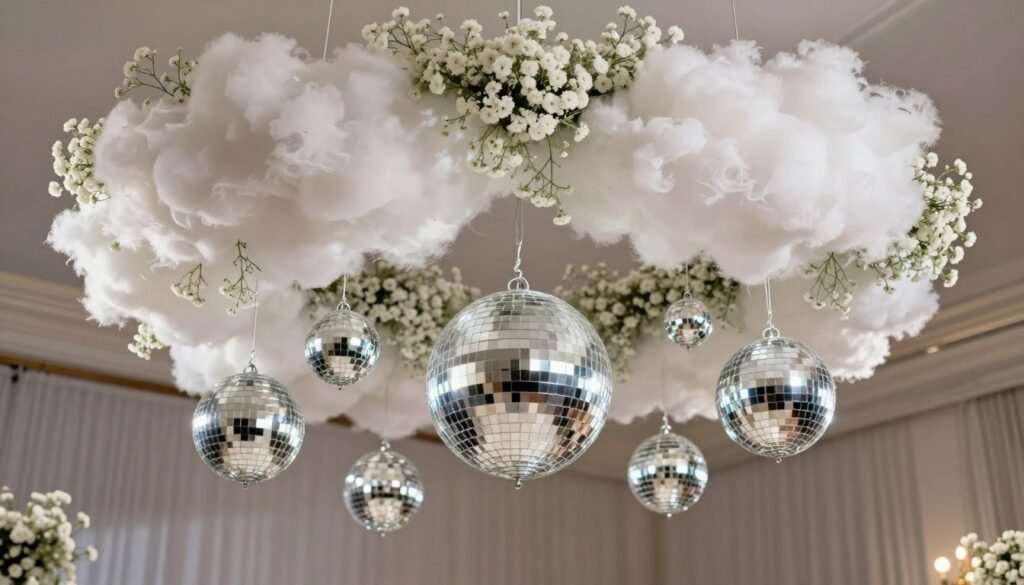 Modern baby's breath and disco ball ceiling installation Modern baby's breath and disco ball ceiling installation