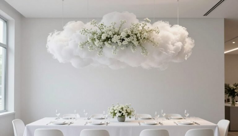 Baby's Breath Wedding Décor Ideas That Feel Modern: Elegant & Minimal Looks for 2026 Modern baby's breath cloud installation over a minimalist wedding reception table