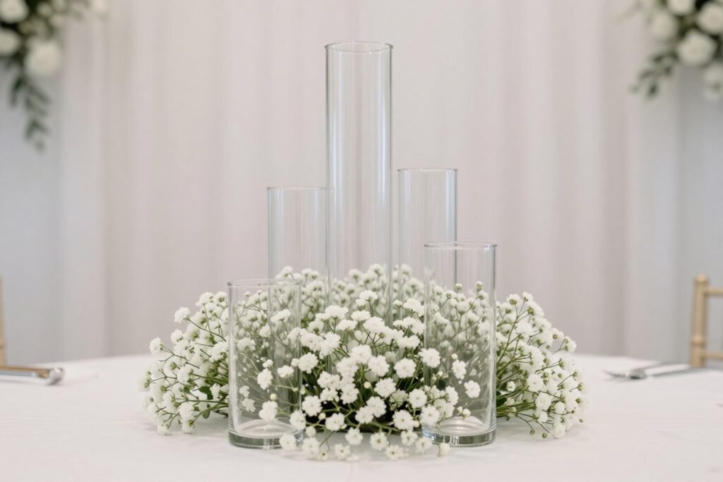 Modern centerpiece with baby's breath in clear glass cylinders Modern centerpiece with baby's breath in clear glass cylinders