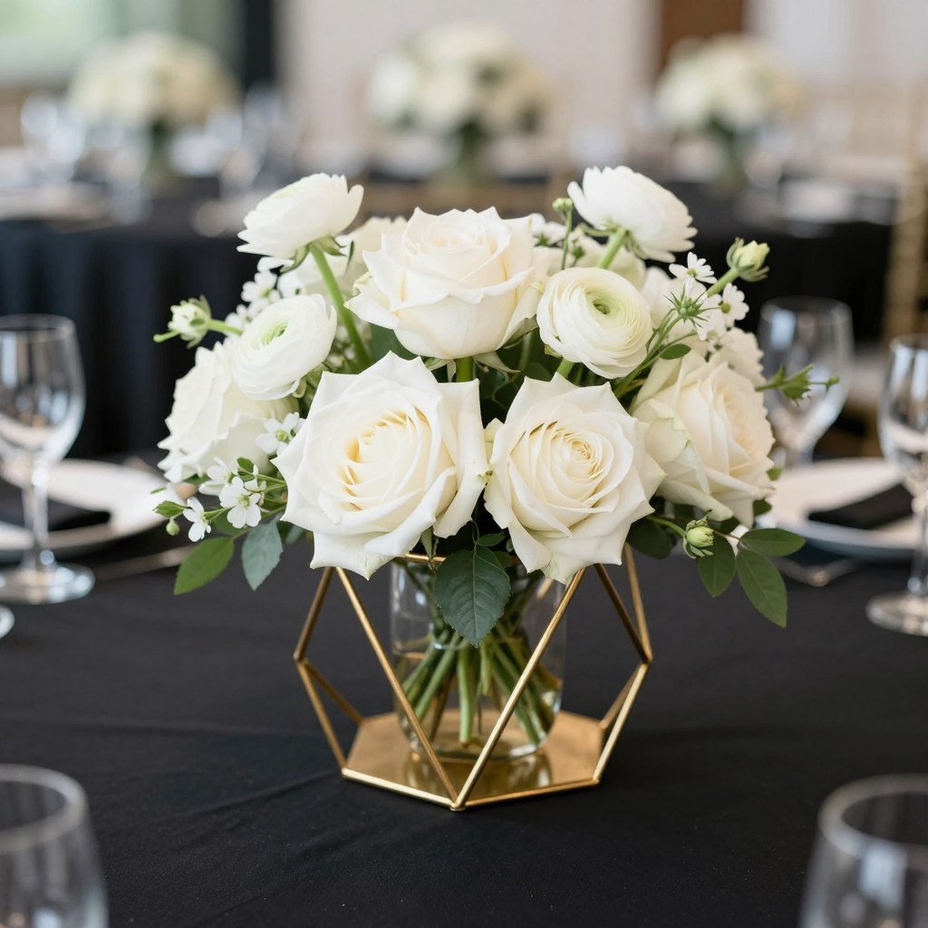 Modern gold geometric centerpiece vessel with white flowers Modern gold geometric centerpiece vessel with white flowers