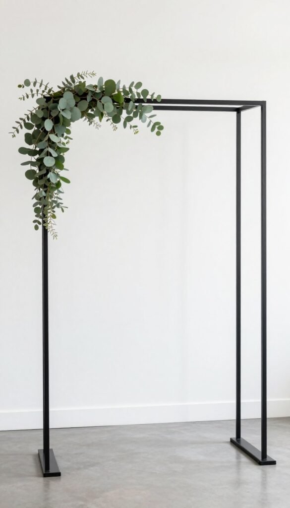 Modern minimalist wedding arch with clean metal frame and eucalyptus for luxury ceremonies Modern minimalist wedding arch with clean metal frame and eucalyptus for luxury ceremonies