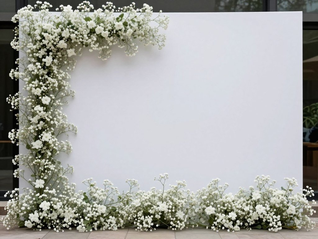 Modern photo backdrop wall with baby's breath and negative space Modern photo backdrop wall with baby's breath and negative space