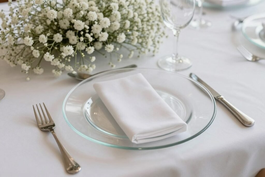 Modern place settings with baby's breath cloud under clear charger plates Modern place settings with baby's breath cloud under clear charger plates