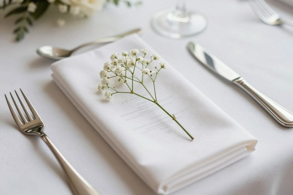 Modern place settings with minimal baby's breath accents Modern place settings with minimal baby's breath accents