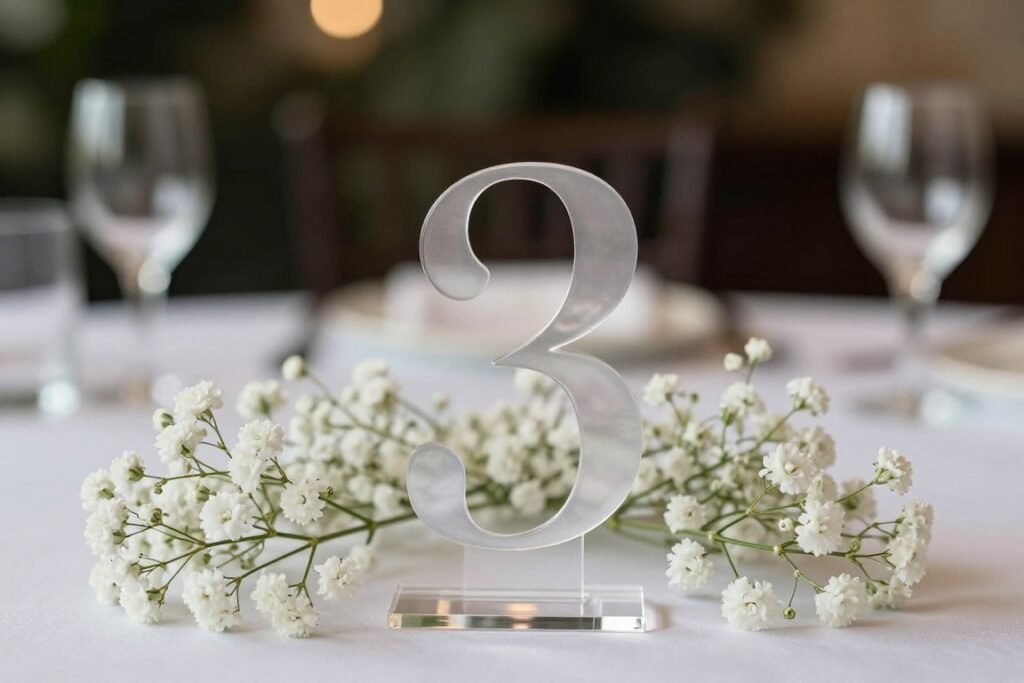 Modern table numbers with baby's breath and negative space Modern table numbers with baby's breath and negative space