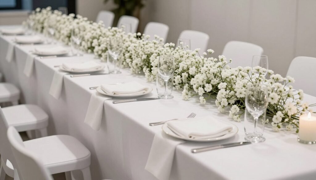 Modern white baby's breath table runner on long reception table Modern white baby's breath table runner on long reception table