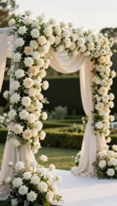 Wedding Arch Ideas for Romantic & Luxury Ceremonies (Elegant Designs for 2026) Romantic luxury wedding arch with cascading white roses and soft draping fabric at elegant outdoor ceremony