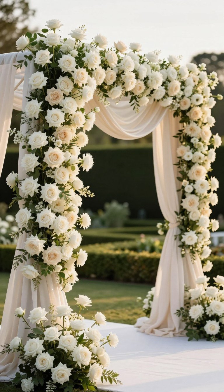 Romantic luxury wedding arch with cascading white roses and soft draping fabric at elegant outdoor ceremony