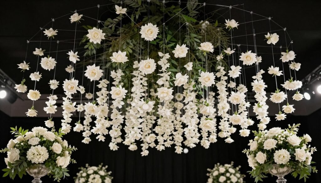 Suspended floral installation hanging above wedding reception tables Suspended floral installation hanging above wedding reception tables