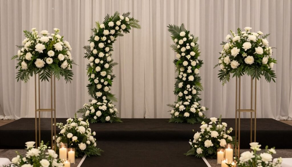 Symmetrical wedding ceremony décor arrangement Symmetrical wedding ceremony décor arrangement