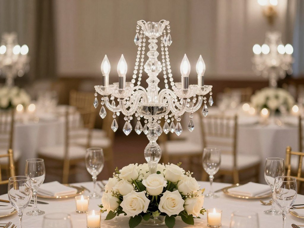 Tabletop crystal chandelier centerpiece at black tie wedding Tabletop crystal chandelier centerpiece at black tie wedding