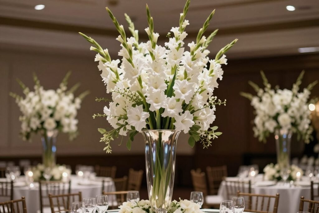 Tall white gladiolus centerpiece in silver vase Tall white gladiolus centerpiece in silver vase